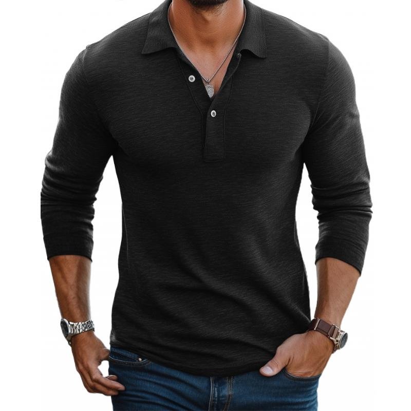 Men's Slim Fit Satin-Smooth Long Sleeve Button Placket Polo Shirt - Black