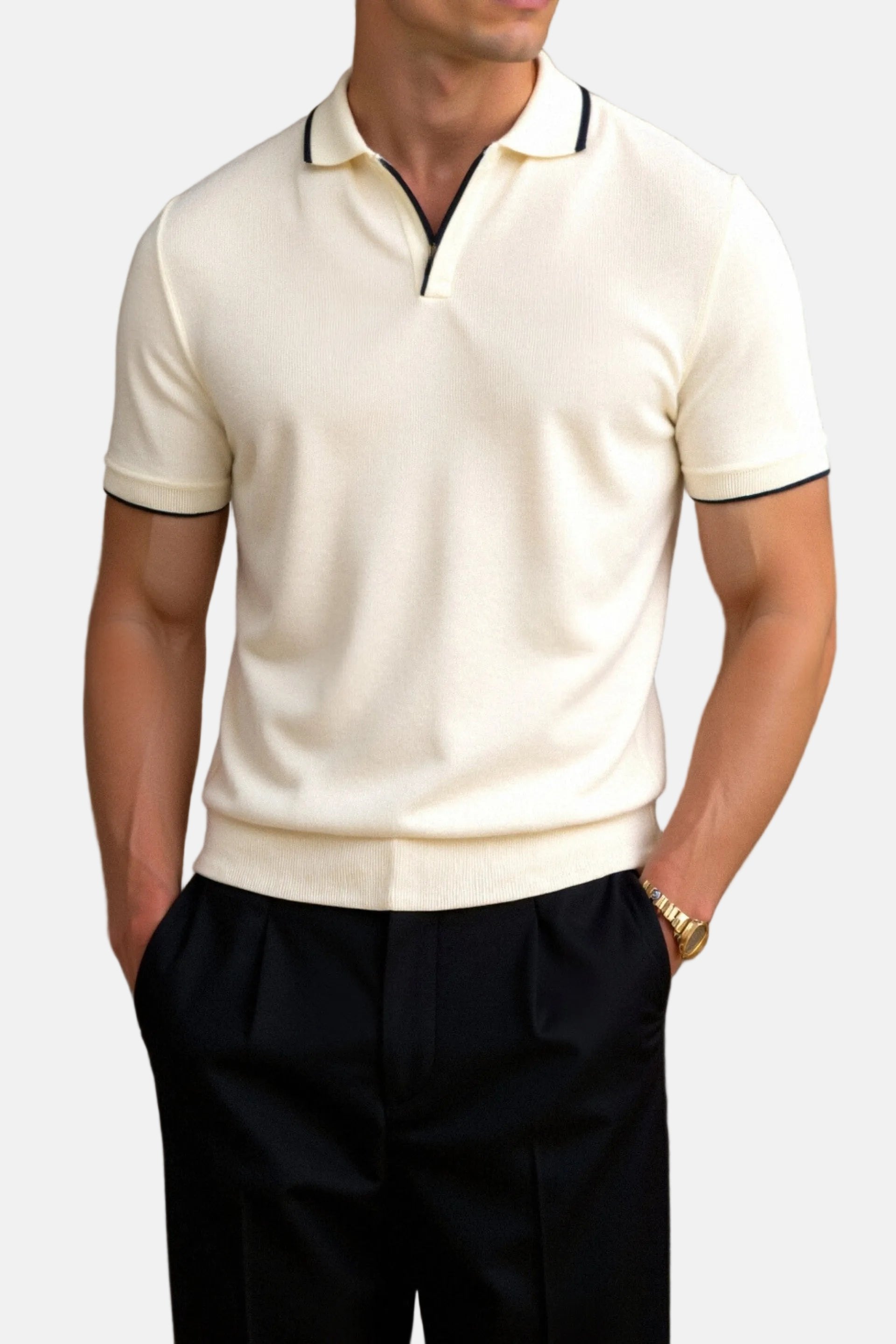 Men's Slim Fit Short-Sleeve Knit Cotton Open-Collar Polo Shirt - Beige