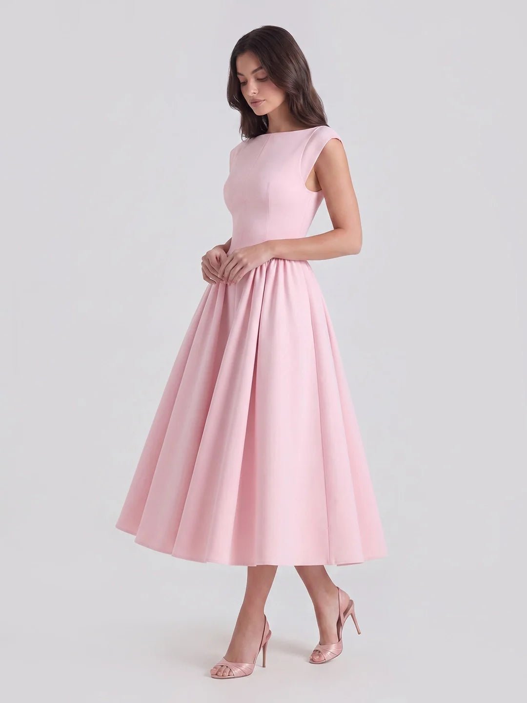 Women's 1950s-Inspired Bateau Neck Full Skirt Satin Midi Dress - Soft Pink