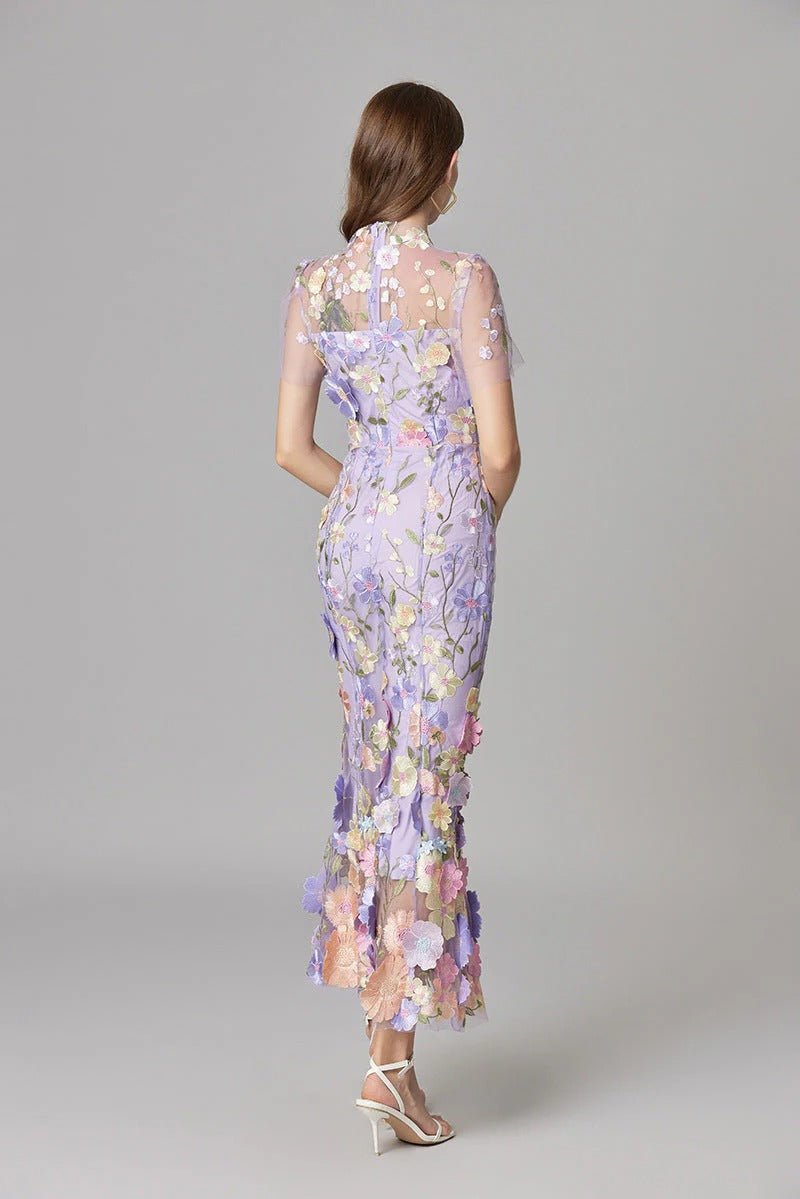Women's 3D Floral Appliqué Sheer Mesh Sleeveless Column Maxi Dress