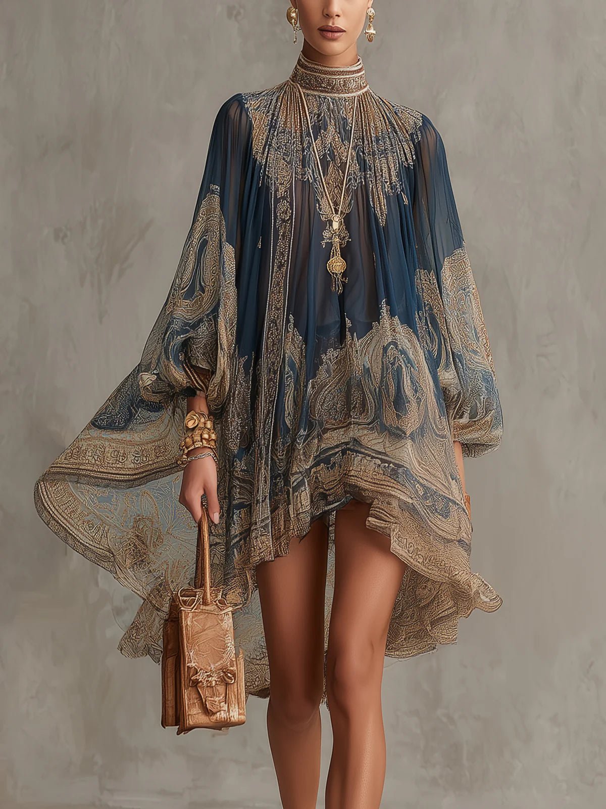Women's Baroque Print Chiffon High-Neck Asymmetric Hem Mini Dress - Navy