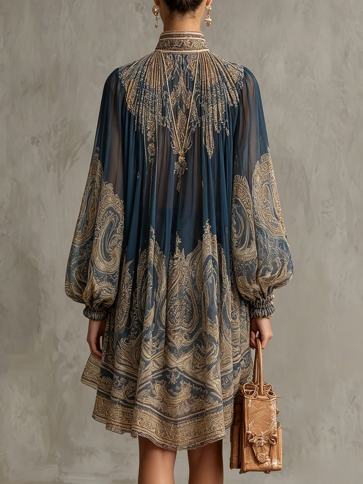 Women's Baroque Print Chiffon High-Neck Asymmetric Hem Mini Dress