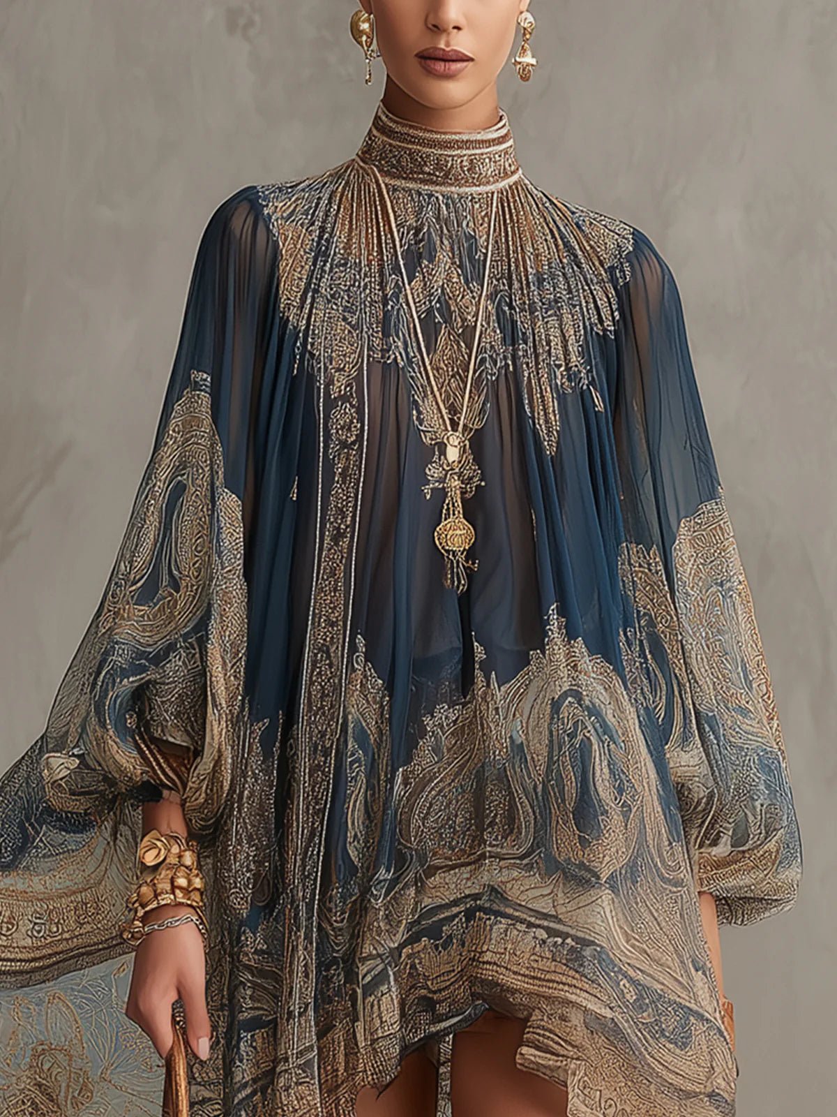 Women's Baroque Print Chiffon High-Neck Asymmetric Hem Mini Dress