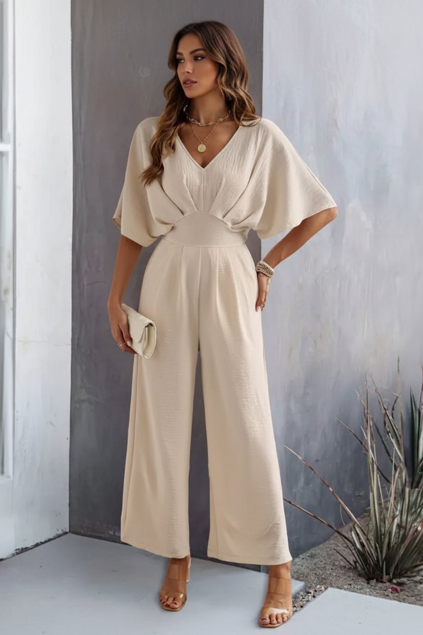 Women's Batwing-Sleeve V-Neck Cinched-Waist Wide-Leg Jumpsuit