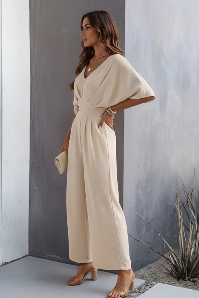 Women's Batwing-Sleeve V-Neck Cinched-Waist Wide-Leg Jumpsuit