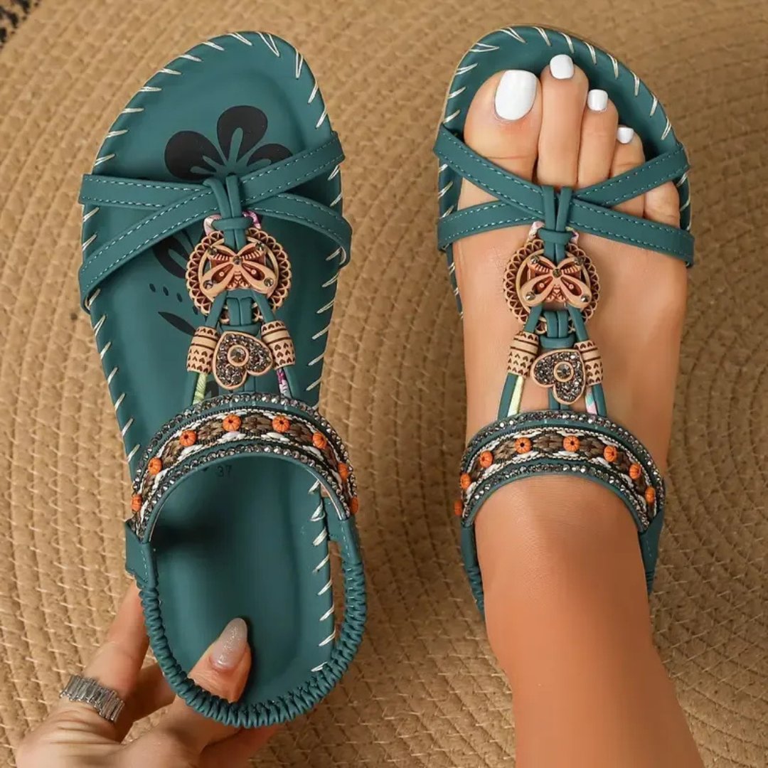 Women's Boho Beaded Flat T-Strap Elastic-Heel Summer Sandals - Dark Green