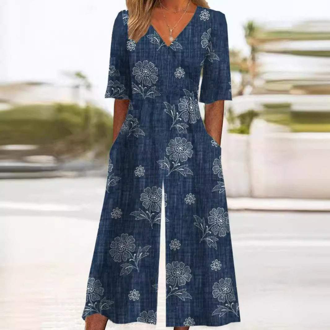Women's Boho Floral Print V-Neck Wide-Leg Jumpsuit