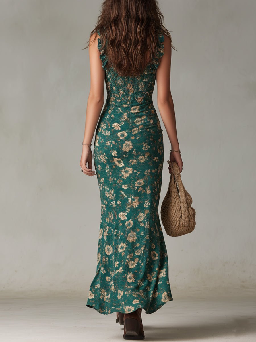 Women's Boho Floral Smocked Sleeveless Maxi Dress Side Slit