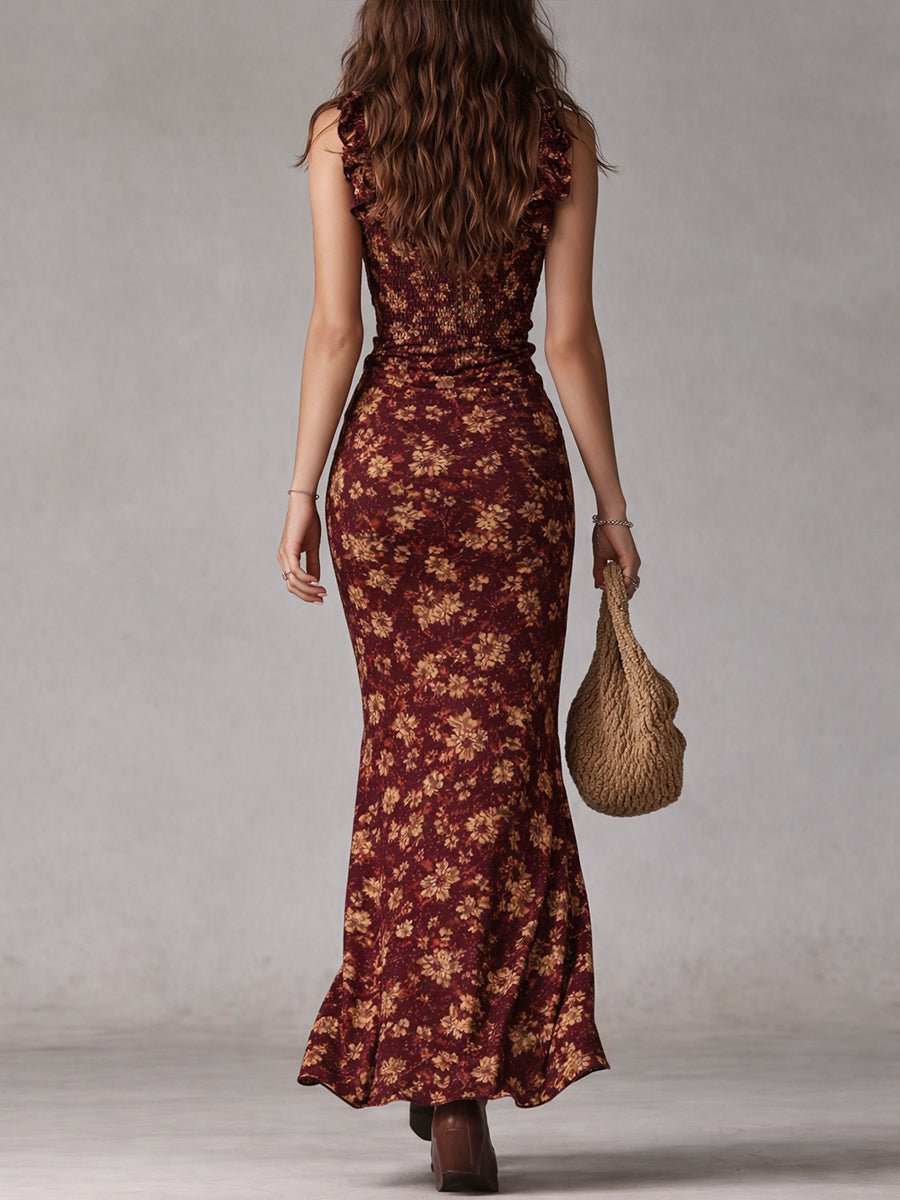 Women's Boho Floral Smocked Sleeveless Maxi Dress Side Slit