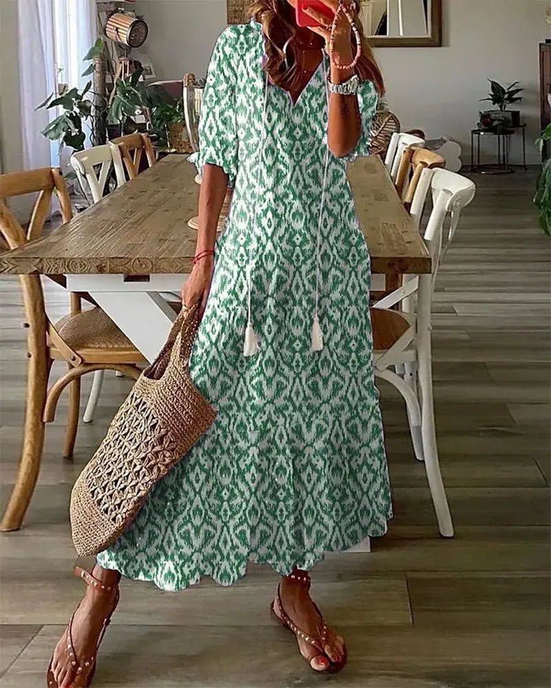 Women's Boho Geometric-Print V-Neck Maxi Dress - Green