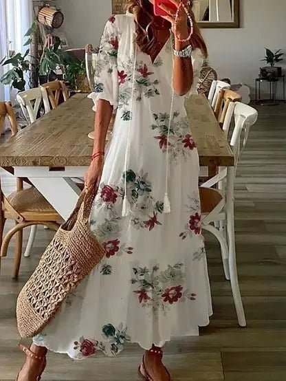 Women's Boho Geometric-Print V-Neck Maxi Dress - White