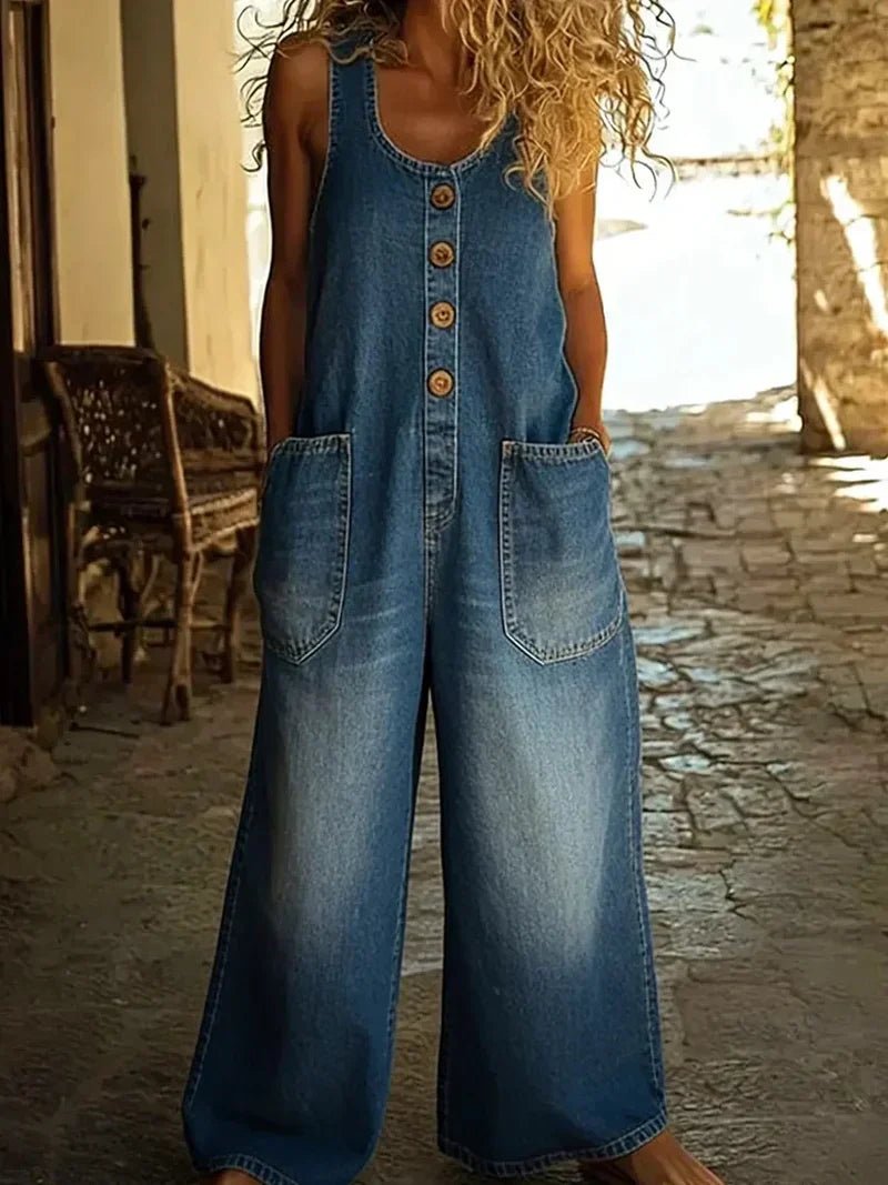 Women's Boho Loose-Fit Sleeveless Denim Jumpsuit Overalls - Blue