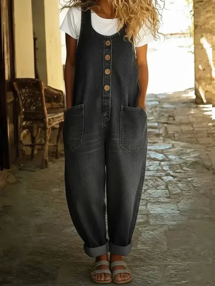 Women's Boho Loose-Fit Sleeveless Denim Jumpsuit Overalls - Black