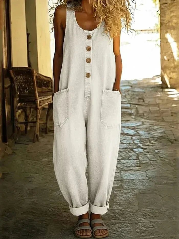 Women's Boho Loose-Fit Sleeveless Denim Jumpsuit Overalls - White