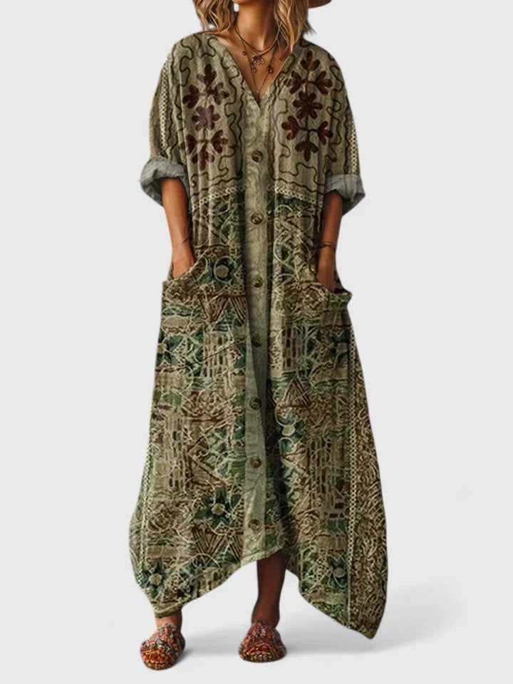 Women's Boho Paisley Print Oversized Cotton Maxi Dress - Olive Green