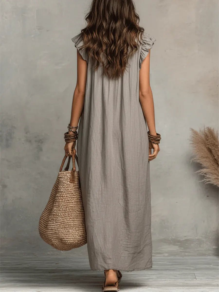 Women's Boho Ruffle V-Neck Flutter Sleeve Linen Maxi Dress