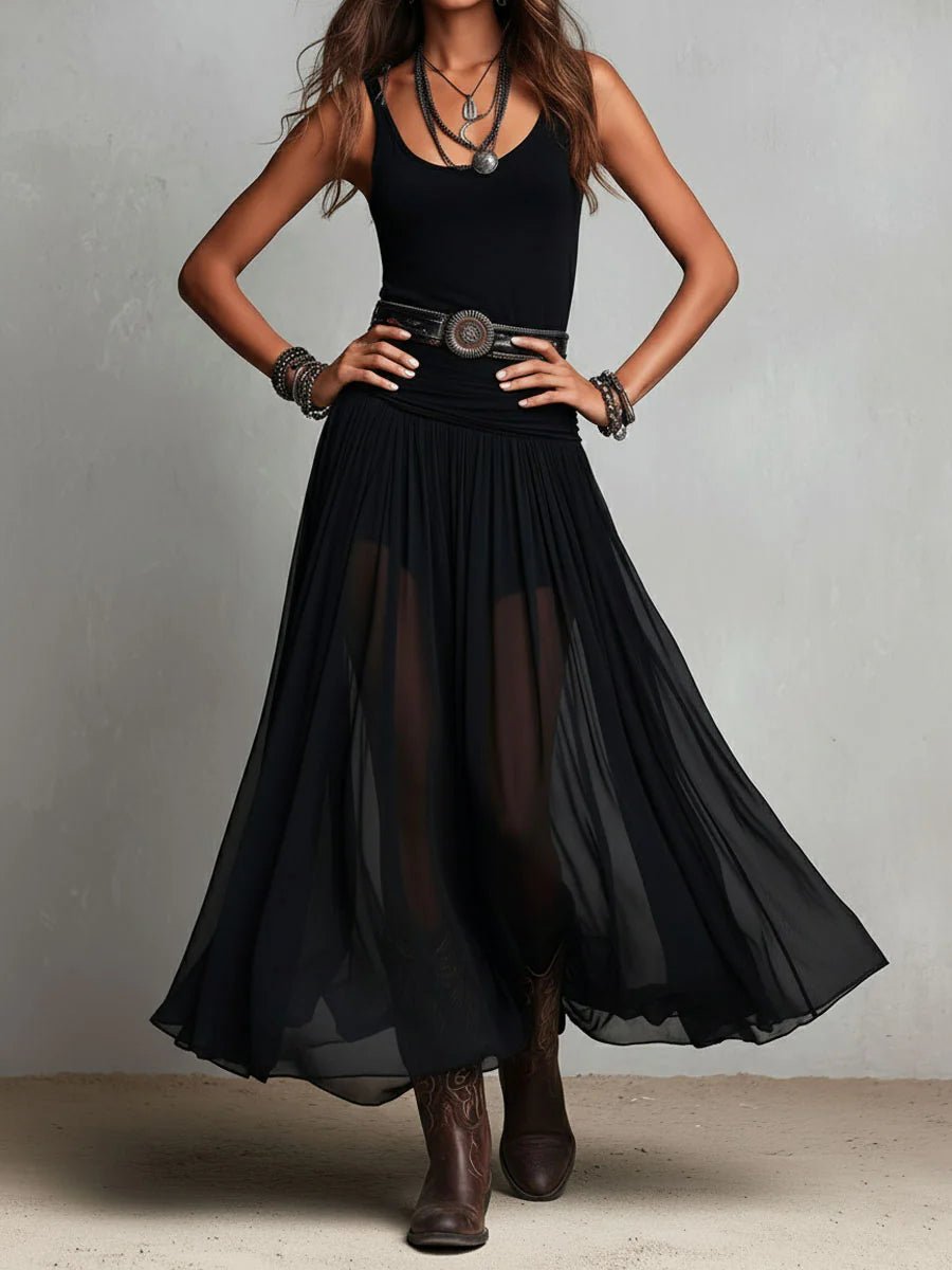Women's Boho Sleeveless V-Neck Sheer Tulle Belted Maxi Dress