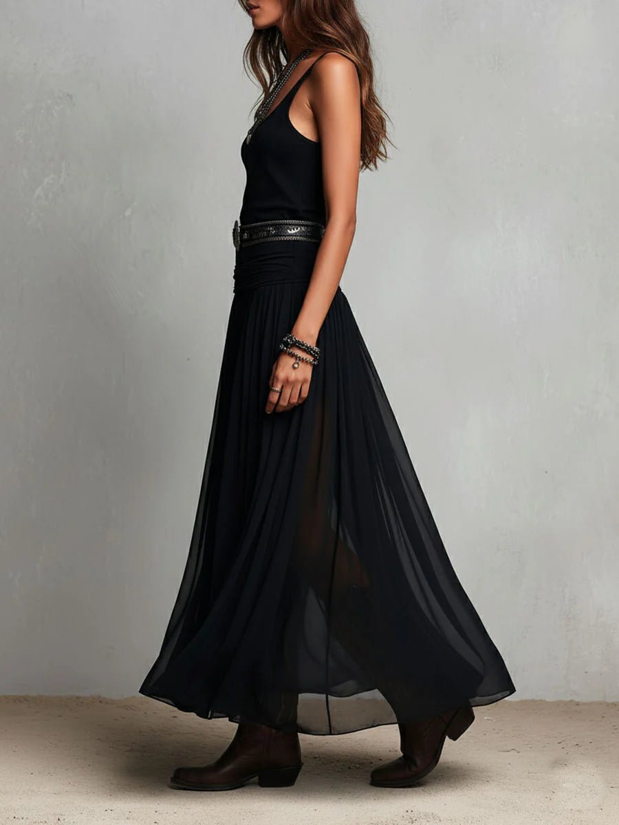 Women's Boho Sleeveless V-Neck Sheer Tulle Belted Maxi Dress