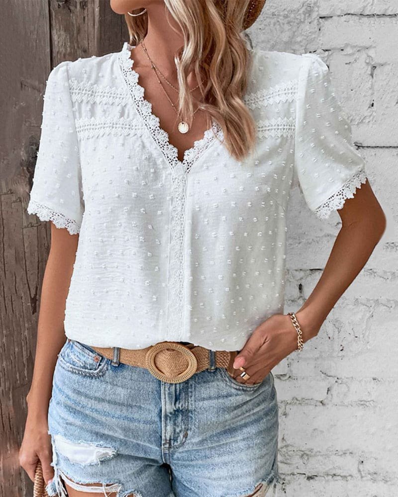 Women's Boho Swiss Dot Lace Trim V-Neck Cropped Blouse