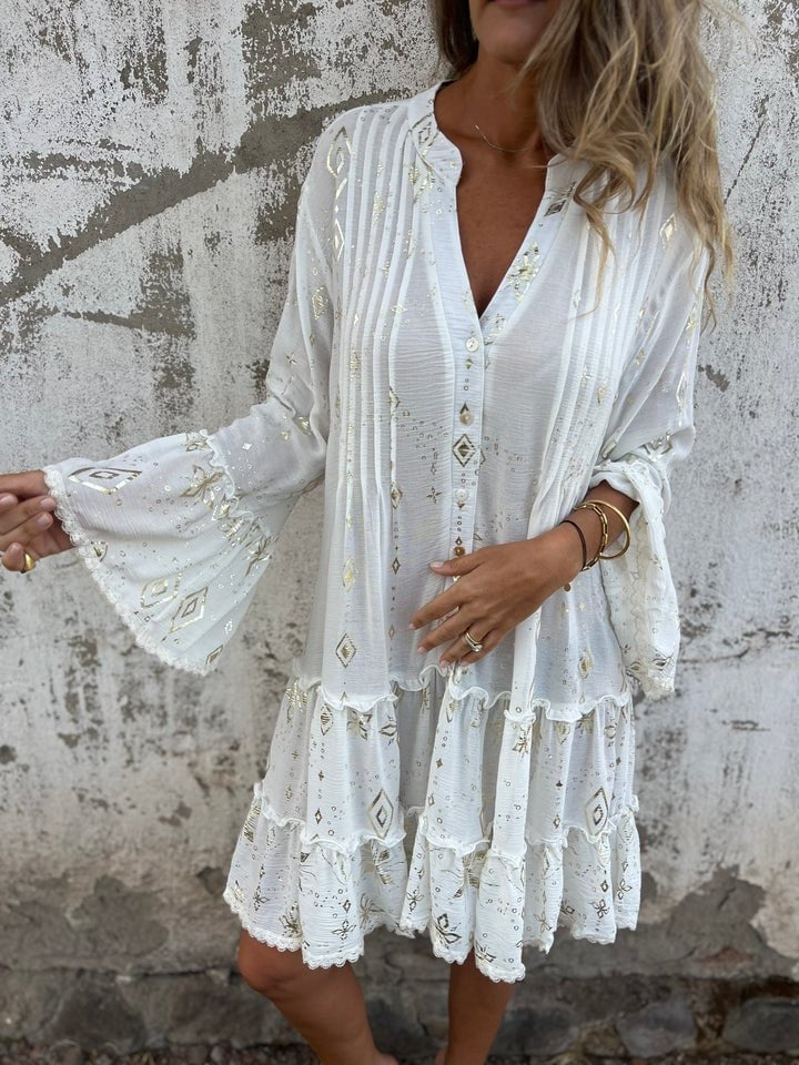 Women's Boho Tiered Mini Dress Flared Sleeves Gold Accents V-Neck