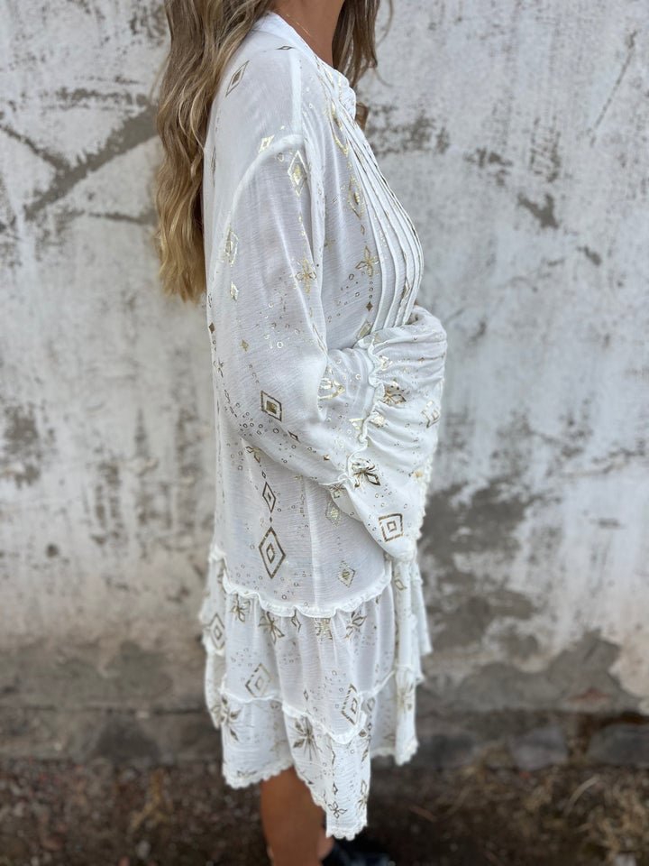 Women's Boho Tiered Mini Dress Flared Sleeves Gold Accents V-Neck