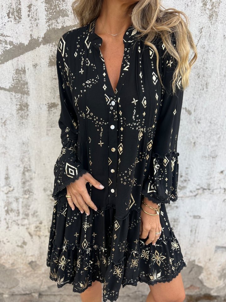 Women's Boho Tiered Mini Dress Flared Sleeves Gold Accents V-Neck