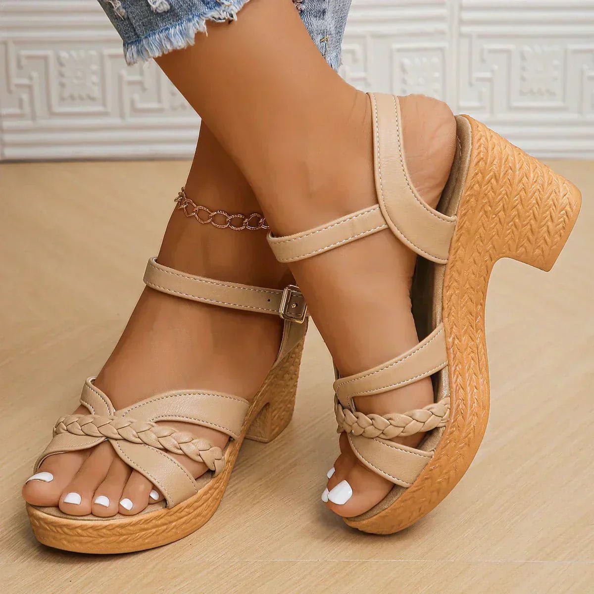 Women's Braided-Strap Block-Heel Platform Sandals Buckle Ankle