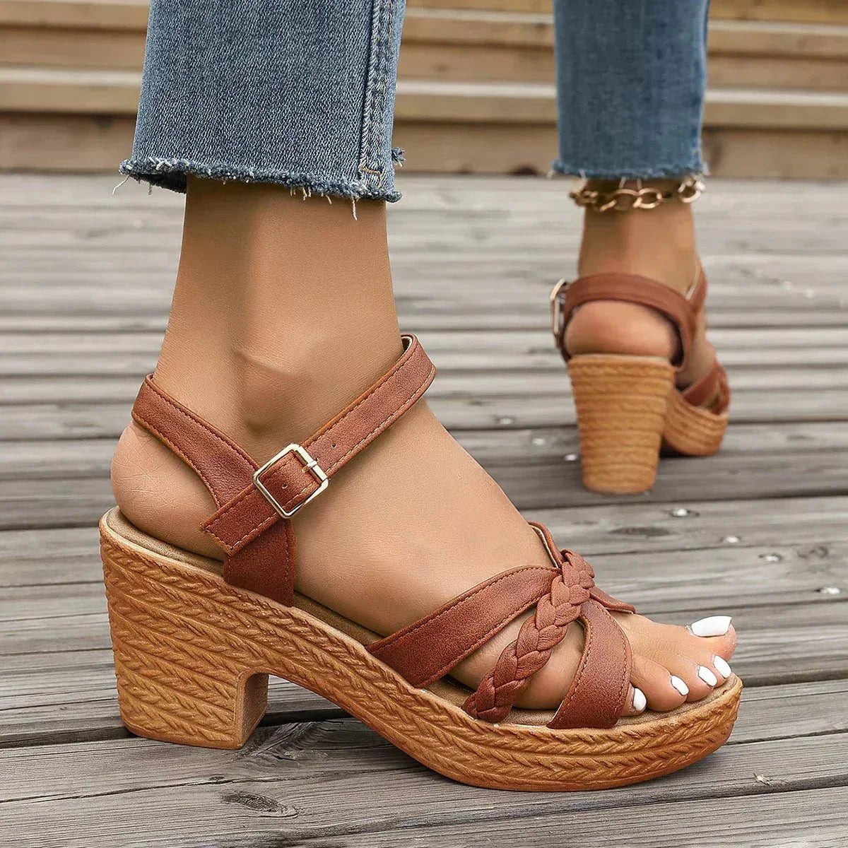 Women's Braided-Strap Block-Heel Platform Sandals Buckle Ankle