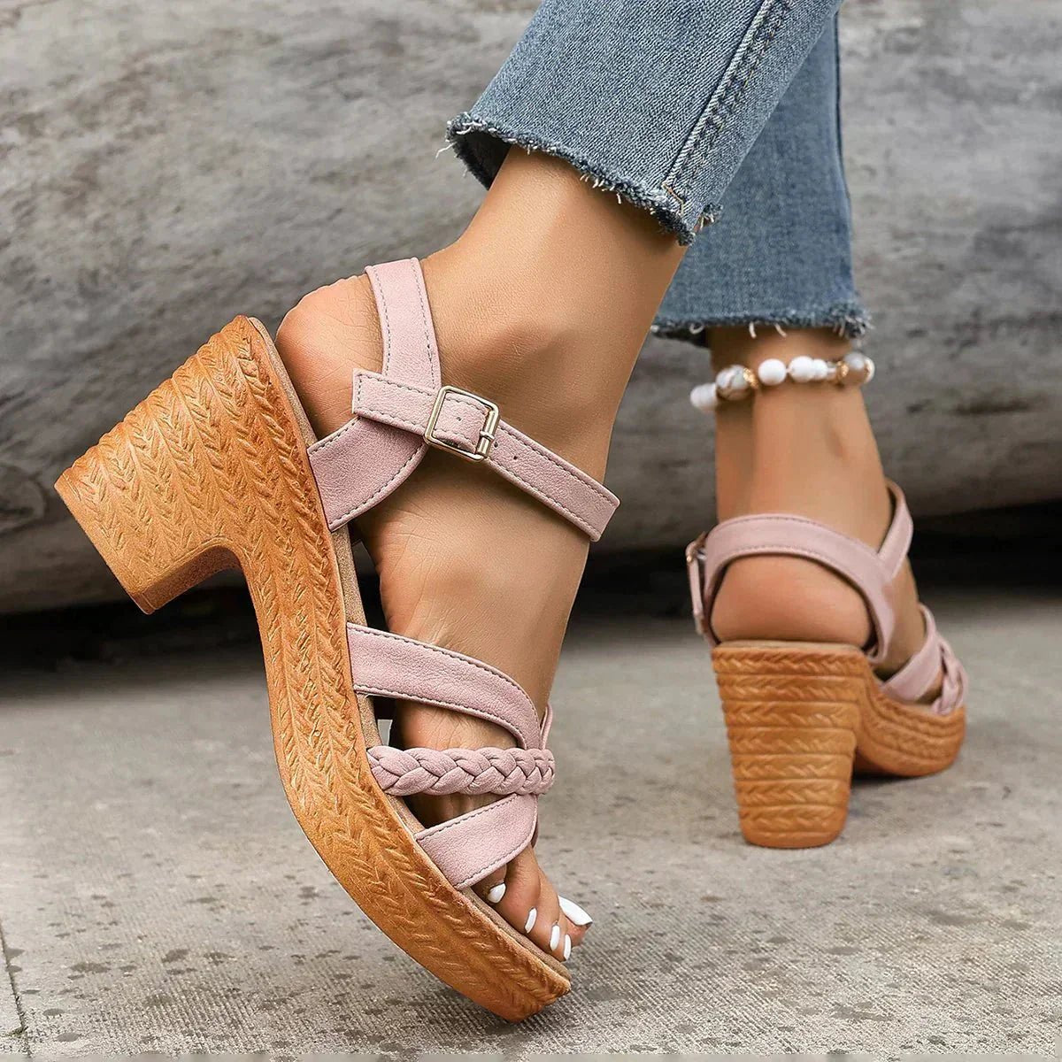 Women's Braided-Strap Block-Heel Platform Sandals Buckle Ankle - Pink