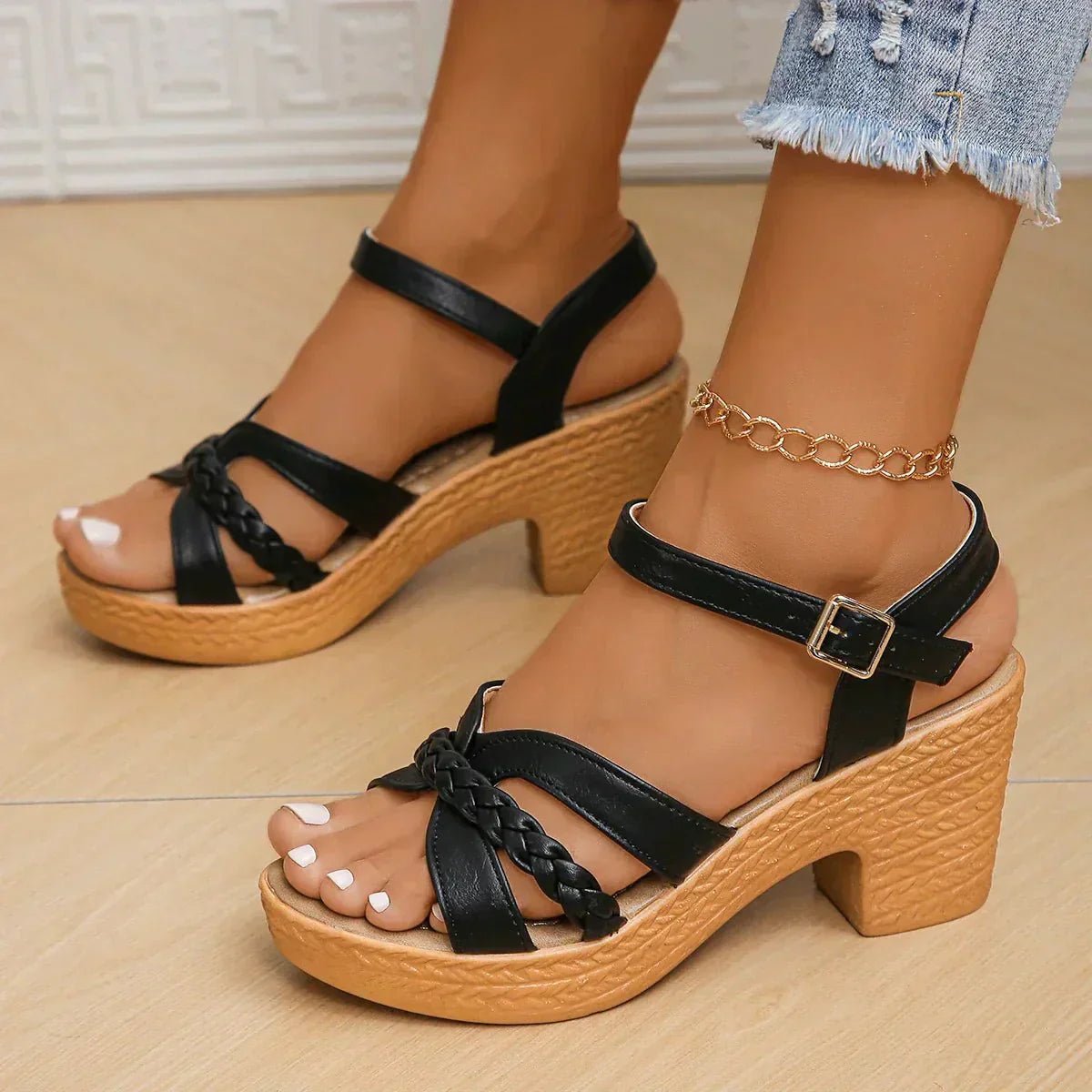 Women's Braided-Strap Block-Heel Platform Sandals Buckle Ankle - Black (Almost sold out)