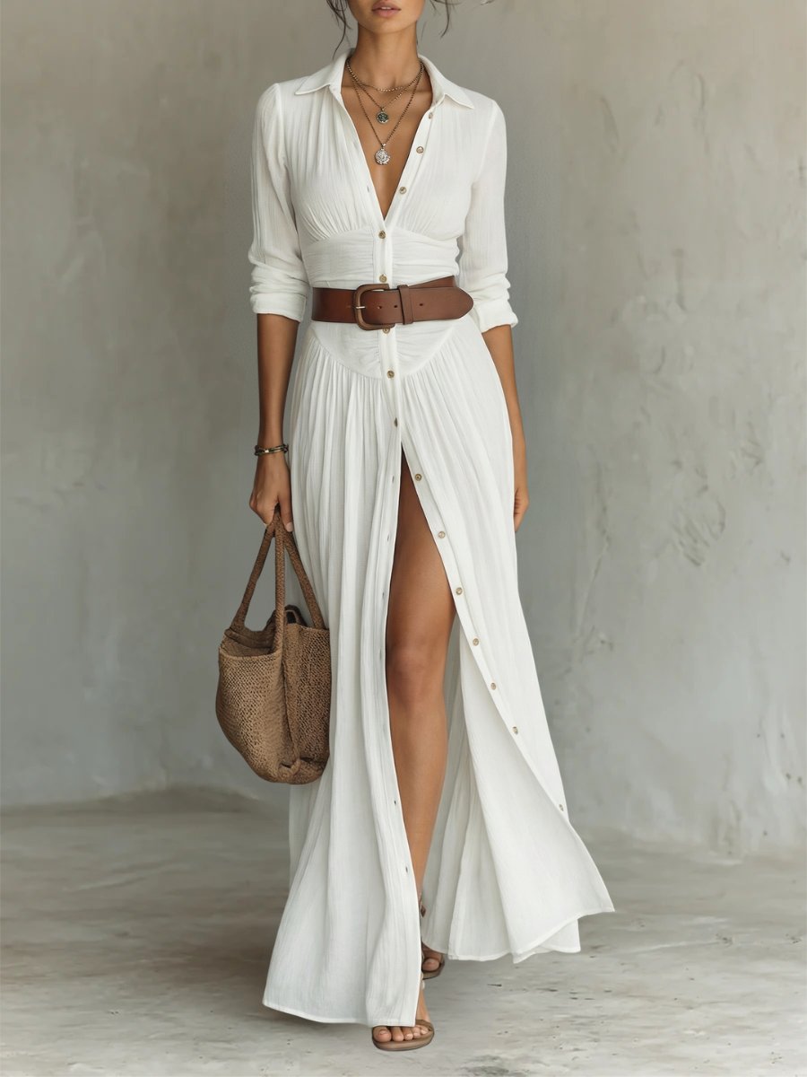 Women's Button-Front Belted Boho Collared Maxi Shirt Dress - White