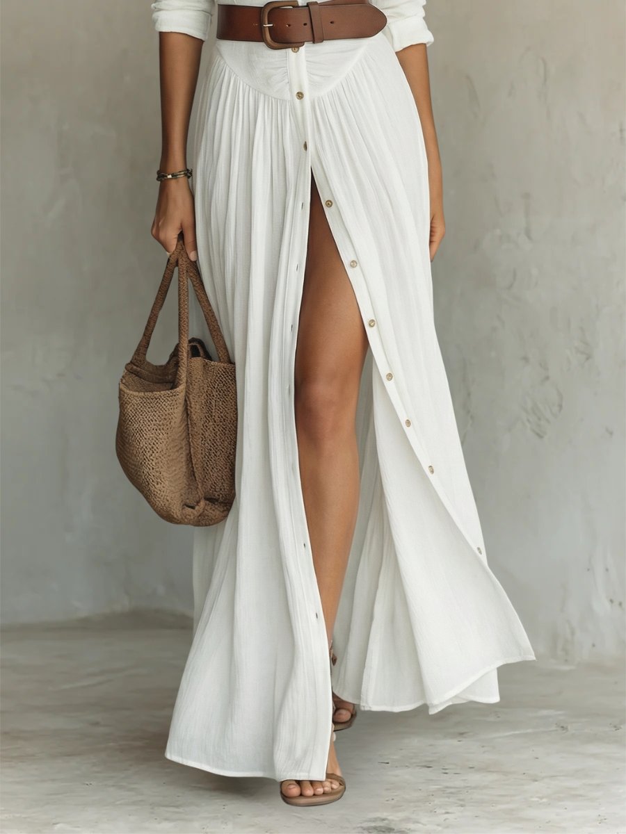 Women's Button-Front Belted Boho Collared Maxi Shirt Dress