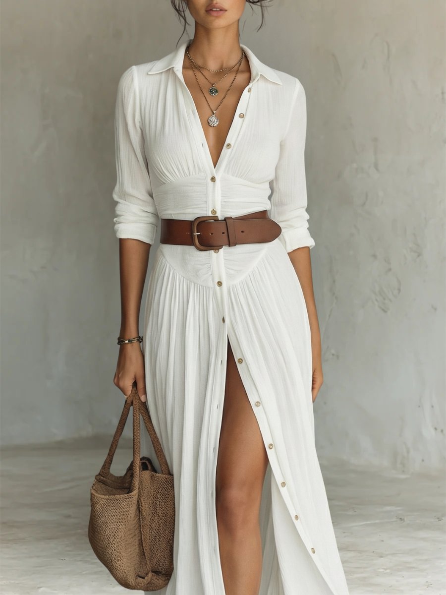 Women's Button-Front Belted Boho Collared Maxi Shirt Dress