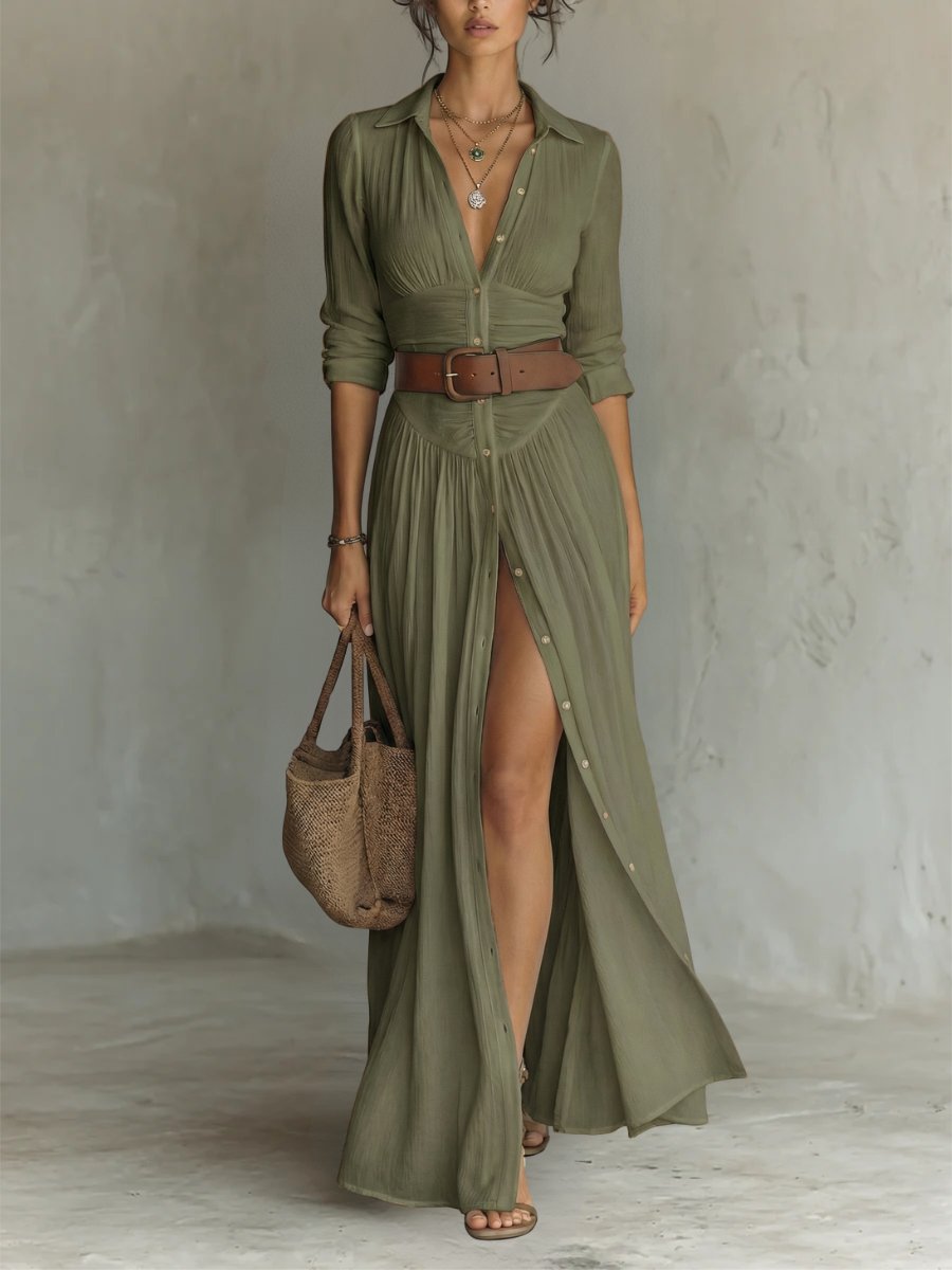 Women's Button-Front Belted Boho Collared Maxi Shirt Dress - Green