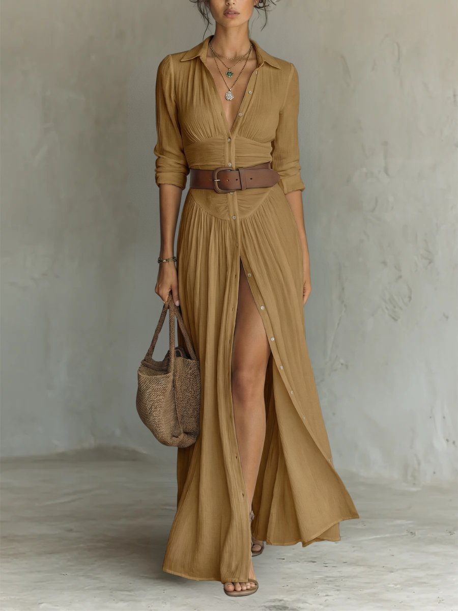 Women's Button-Front Belted Boho Collared Maxi Shirt Dress - Brown
