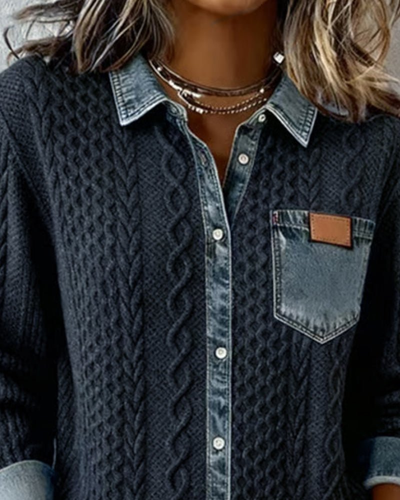 Women's Cable-Knit Denim-Patchwork Button-Up Long-Sleeve Shirt