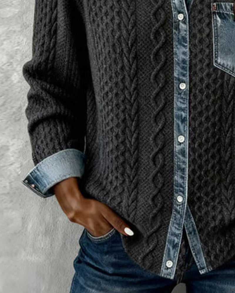 Women's Cable-Knit Denim-Patchwork Button-Up Long-Sleeve Shirt