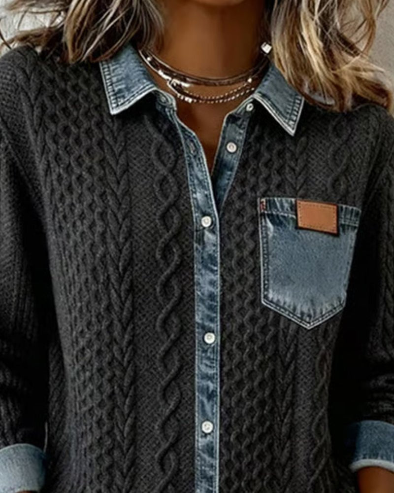 Women's Cable-Knit Denim-Patchwork Button-Up Long-Sleeve Shirt