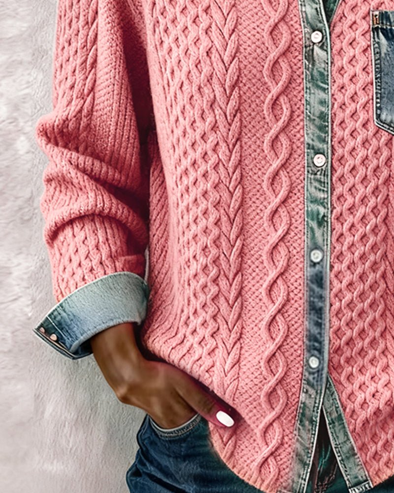 Women's Cable-Knit Denim-Patchwork Button-Up Long-Sleeve Shirt