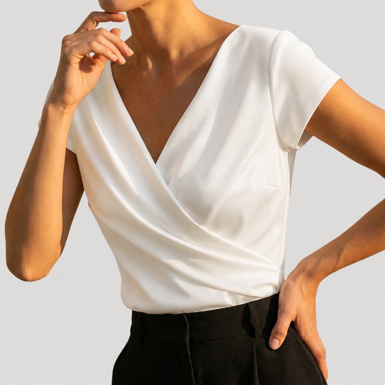 Women's Cap Sleeve Draped Wrap V-Neck Blouse Top