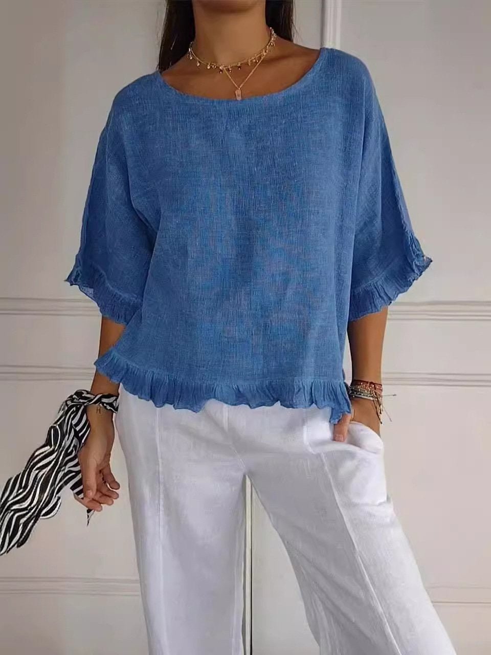 Women's Casual Linen Ruffle-Hem Short-Sleeve Blouse - Blue (Almost sold out)