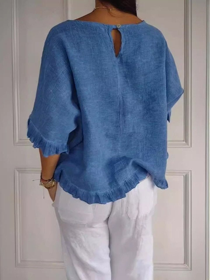 Women's Casual Linen Ruffle-Hem Short-Sleeve Blouse