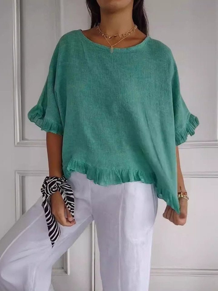 Women's Casual Linen Ruffle-Hem Short-Sleeve Blouse - Green (Almost sold out)