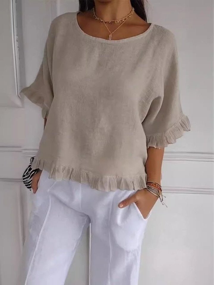 Women's Casual Linen Ruffle-Hem Short-Sleeve Blouse - Beige