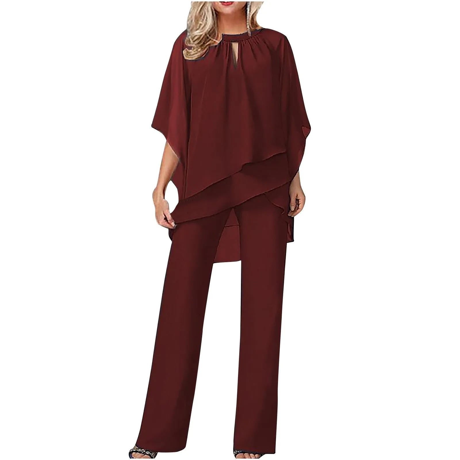 Women's Chiffon Batwing-Sleeve Asymmetric-Layer Wide-Leg Pants Set - Burgunderrot
