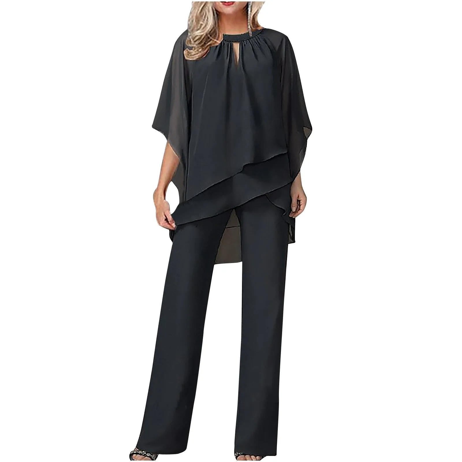 Women's Chiffon Batwing-Sleeve Asymmetric-Layer Wide-Leg Pants Set - Schwarz