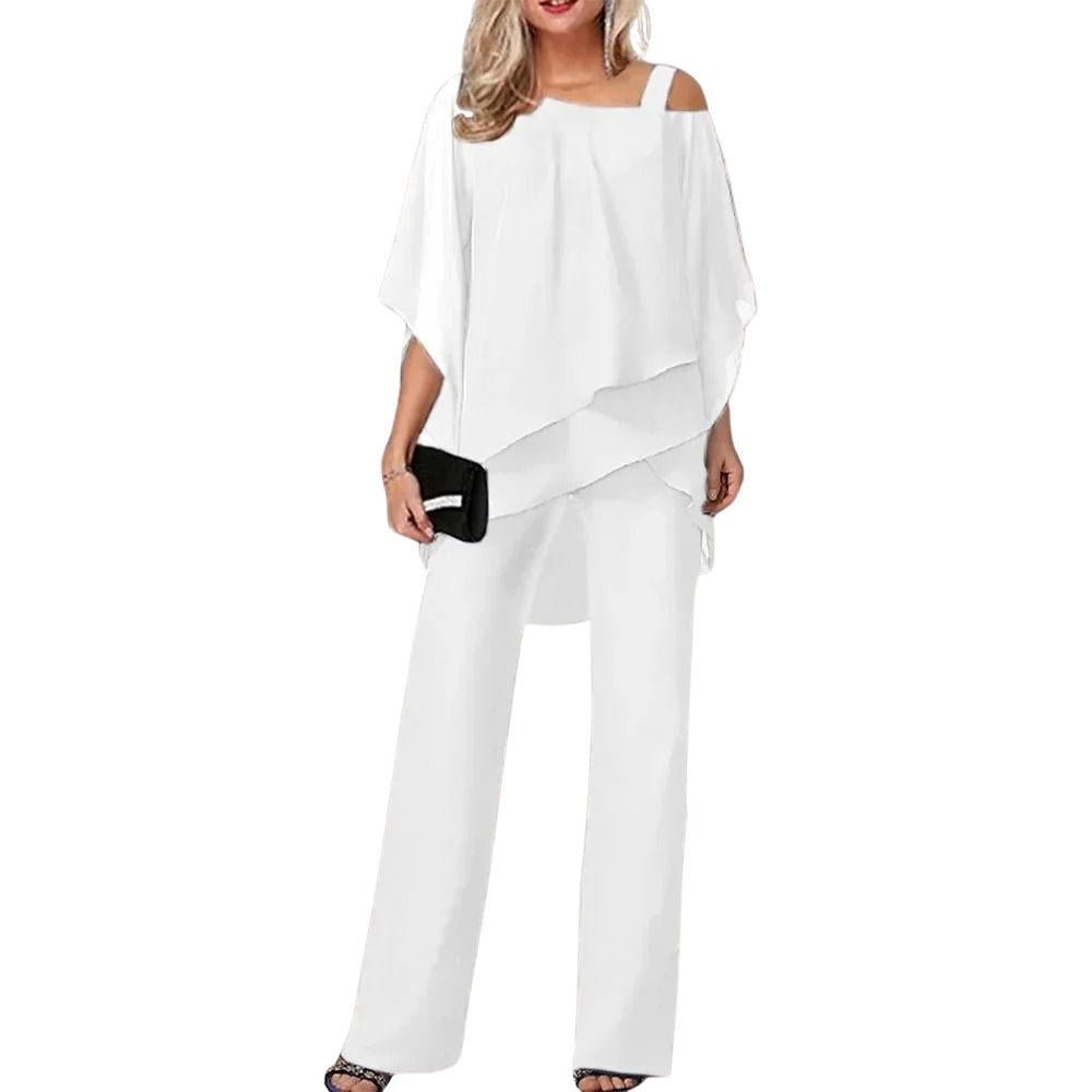 Women's Chiffon Batwing-Sleeve Asymmetric-Layer Wide-Leg Pants Set - Weiß