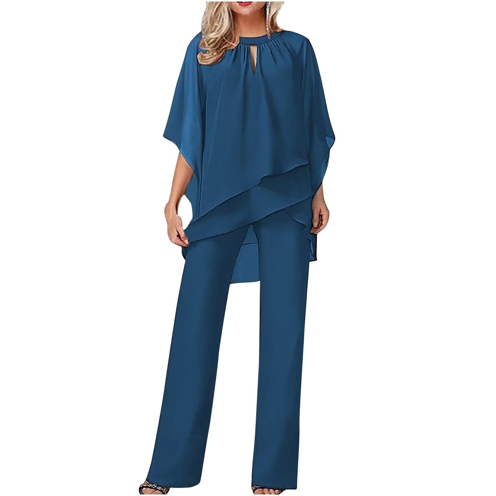 Women's Chiffon Batwing-Sleeve Asymmetric-Layer Wide-Leg Pants Set - Königsblau