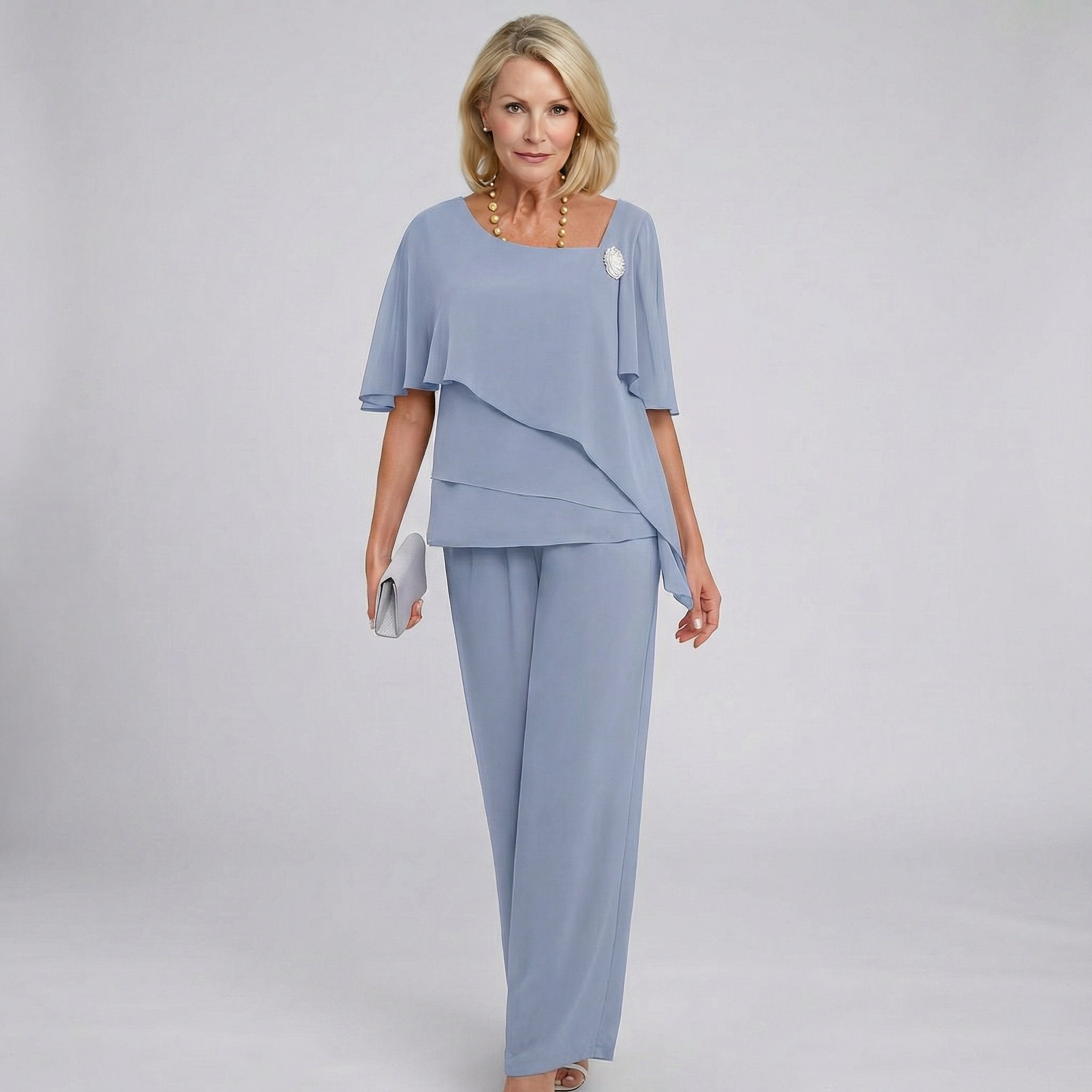 Women's Chiffon Cape Sleeve Wide-Leg Two-Piece Formal Set - Grey-Blue