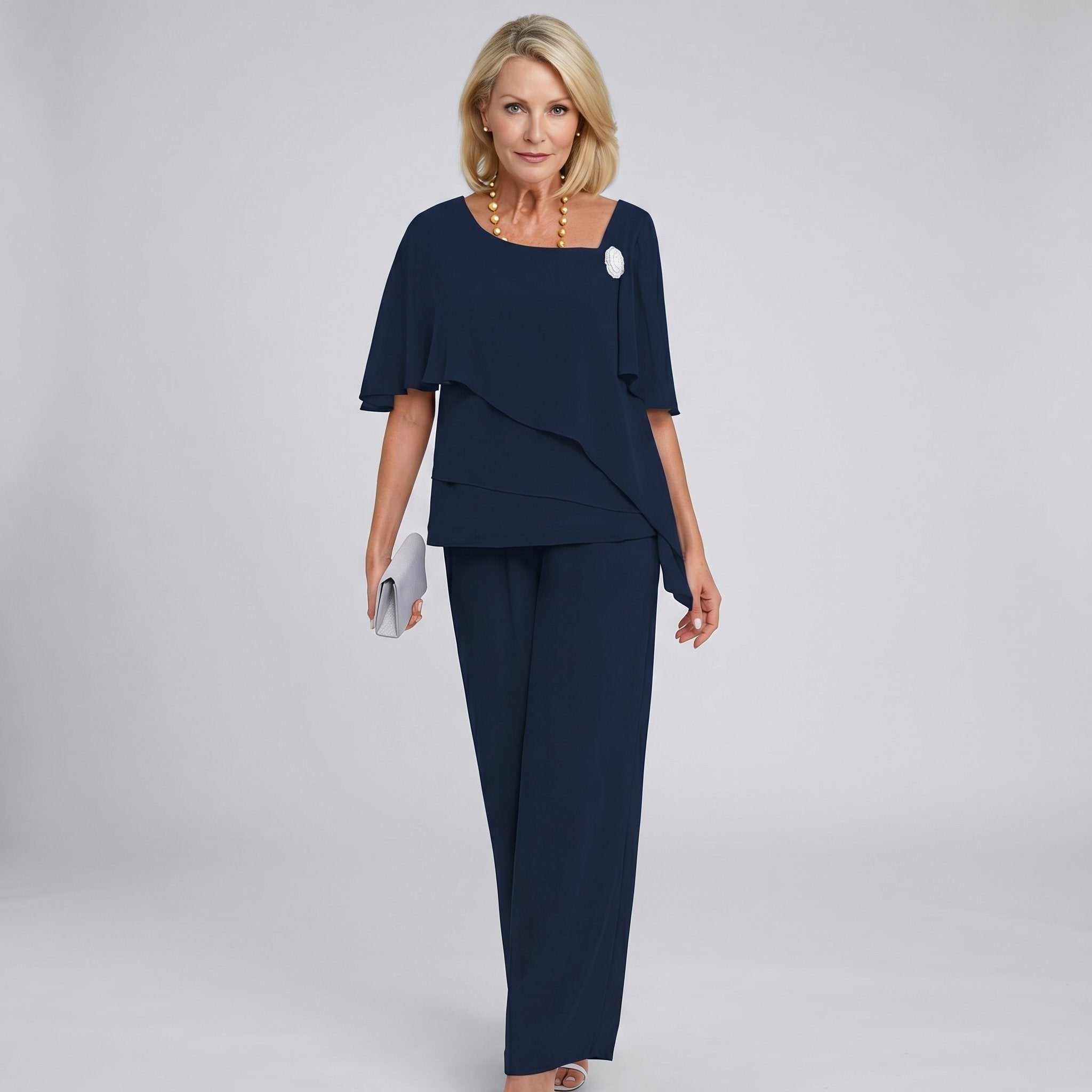 Women's Chiffon Cape Sleeve Wide-Leg Two-Piece Formal Set - Navy Blue